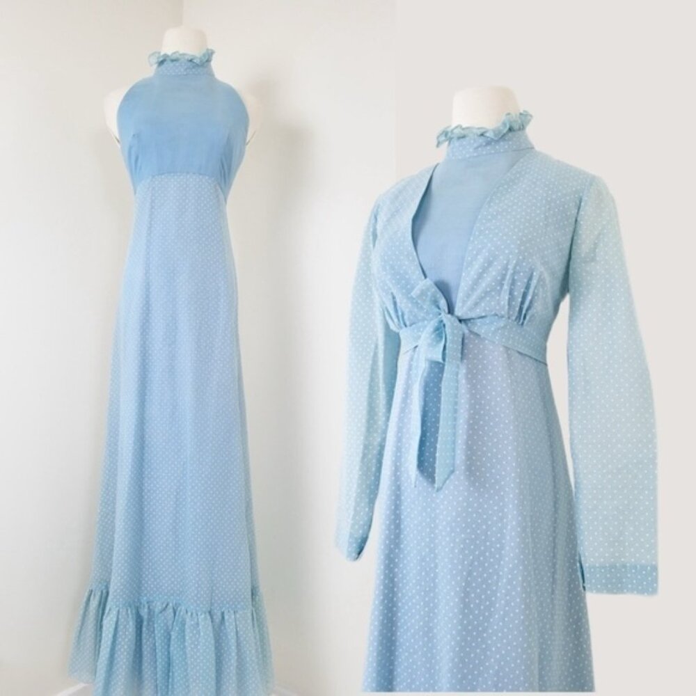 70s Baby Blue Maxi Dress Bolero Cardigan Halter High Neck Ruffles Floor Length